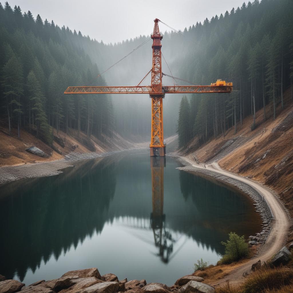 140-Meter-Kran beim Abriss der Bramkebrücke über dem Okerstausee