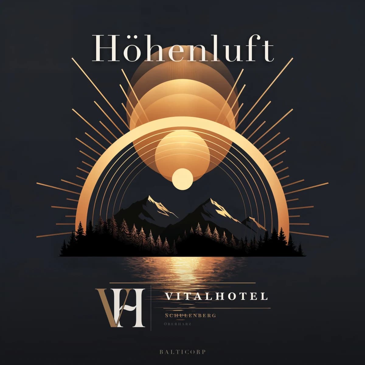 Cover of the brand song „Höhenluft (Vitalhotel Oberharz)“ — graphic motif with sun rings above mountains and the Oker reservoir