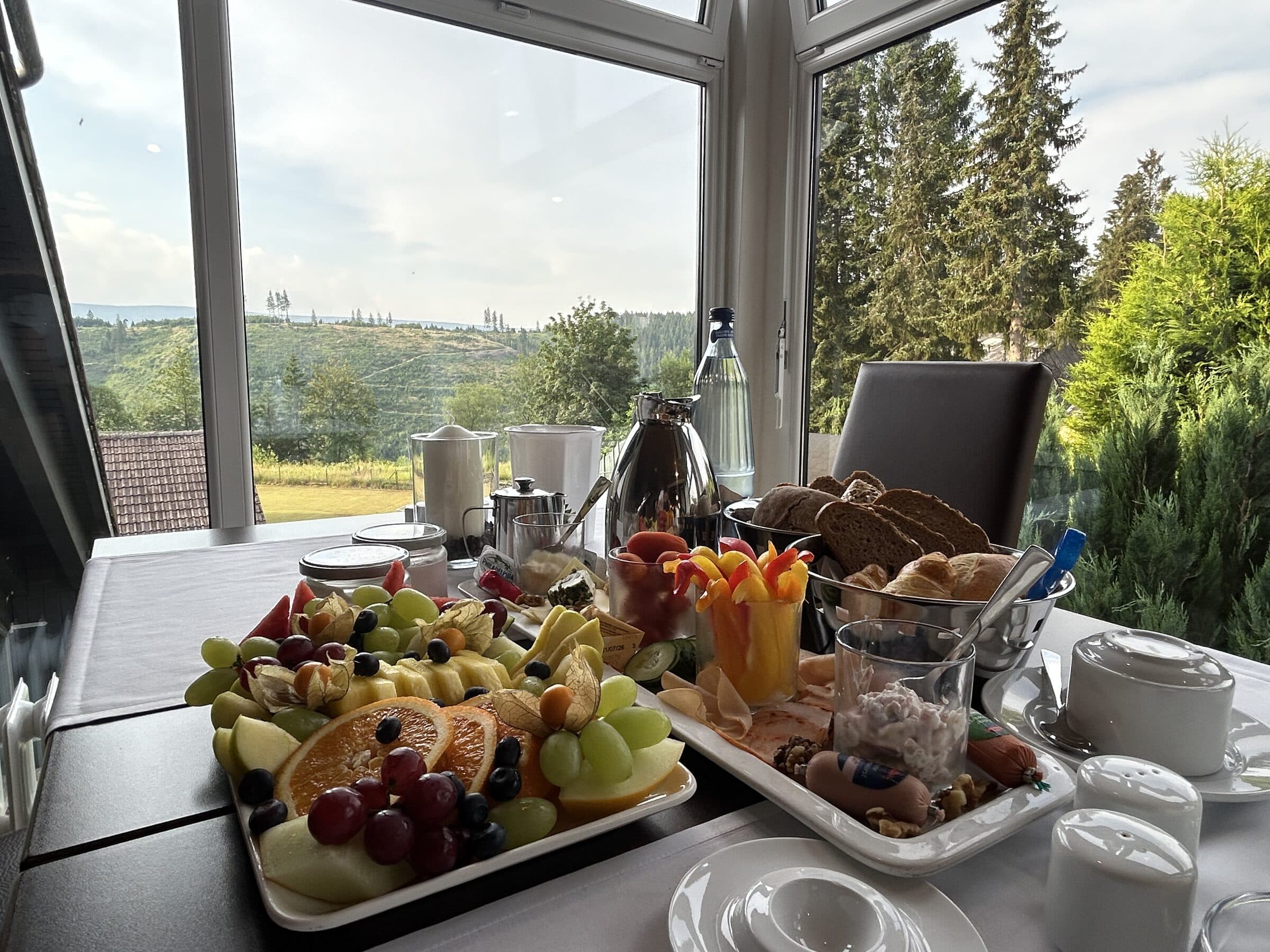 Gedeckter Frühstückstisch am Fenster mit Blick in den Oberharz