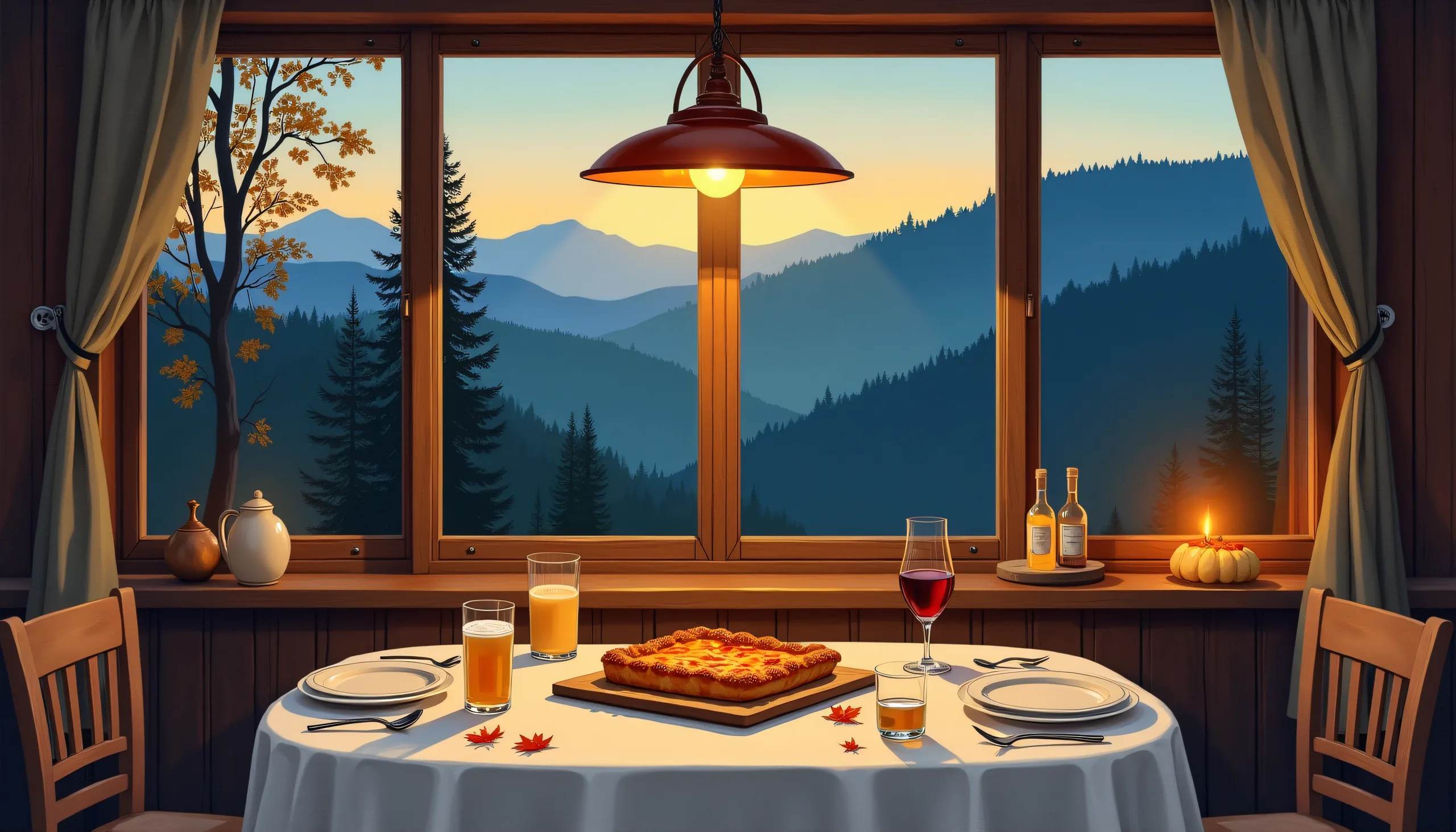 Painted parlour of the Harzer Stube in autumn: a set table with tarte flambée by the window, overlooking the Harz mountains at dusk