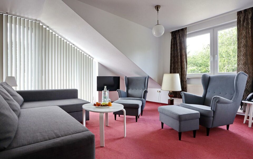 Zimmer der Suite Premium Plus im Vitalhotel Schulenberg im Harz mit einer grauen Couchgarnitur auf rotem Teppich. Zusätzlich ein weißer kleiner Couchtisch mit einem Obstkorb und einer Wasserflasche, dahinter an der Wand montiert ein Fernseher.